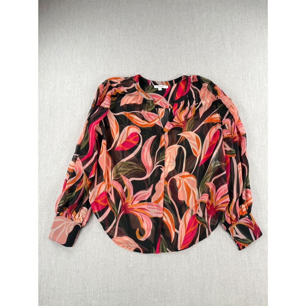 Chicos Tropical Floral Sheer Blouse Pink Orange Black Size 3 US 16 Smocked Cuff
